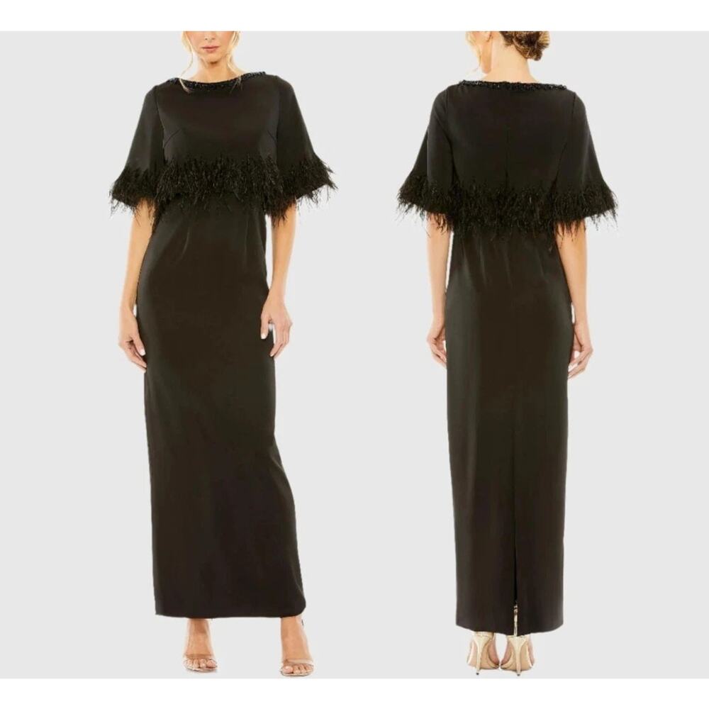 Mac Duggal Women's Quarter Sleeve Crystal Neck Feather Gown Black Size 12 NWT - Picture 2 of 9